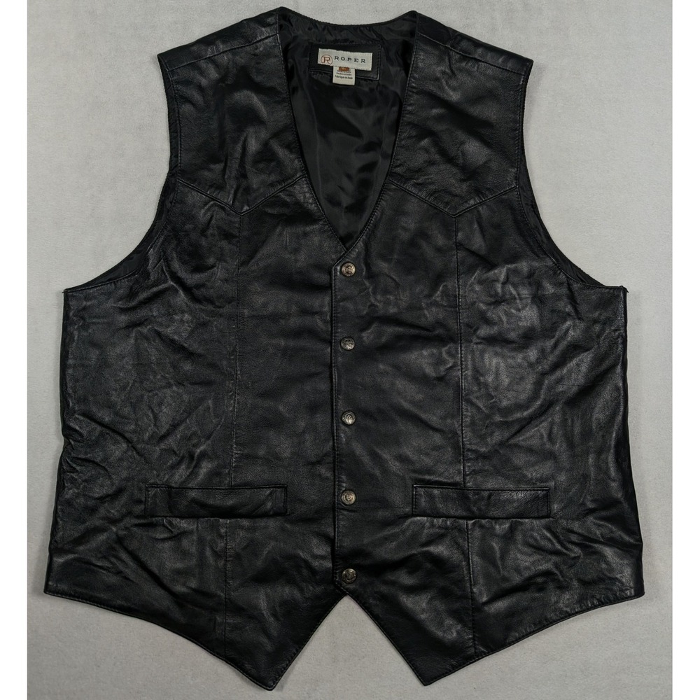 Roper Mens Black Leather Western Vest Star Button Cowboy Biker 02-075-0520-0500